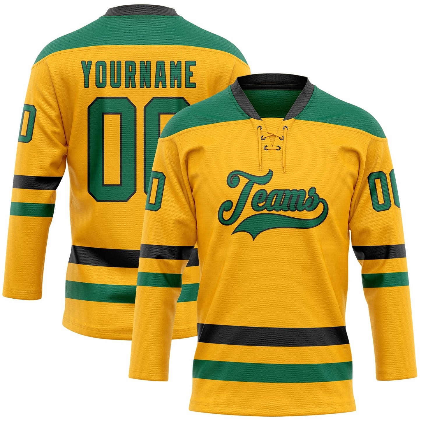 Custom Gold Kelly Green-Black Hockey Lace Neck Jersey - Main View