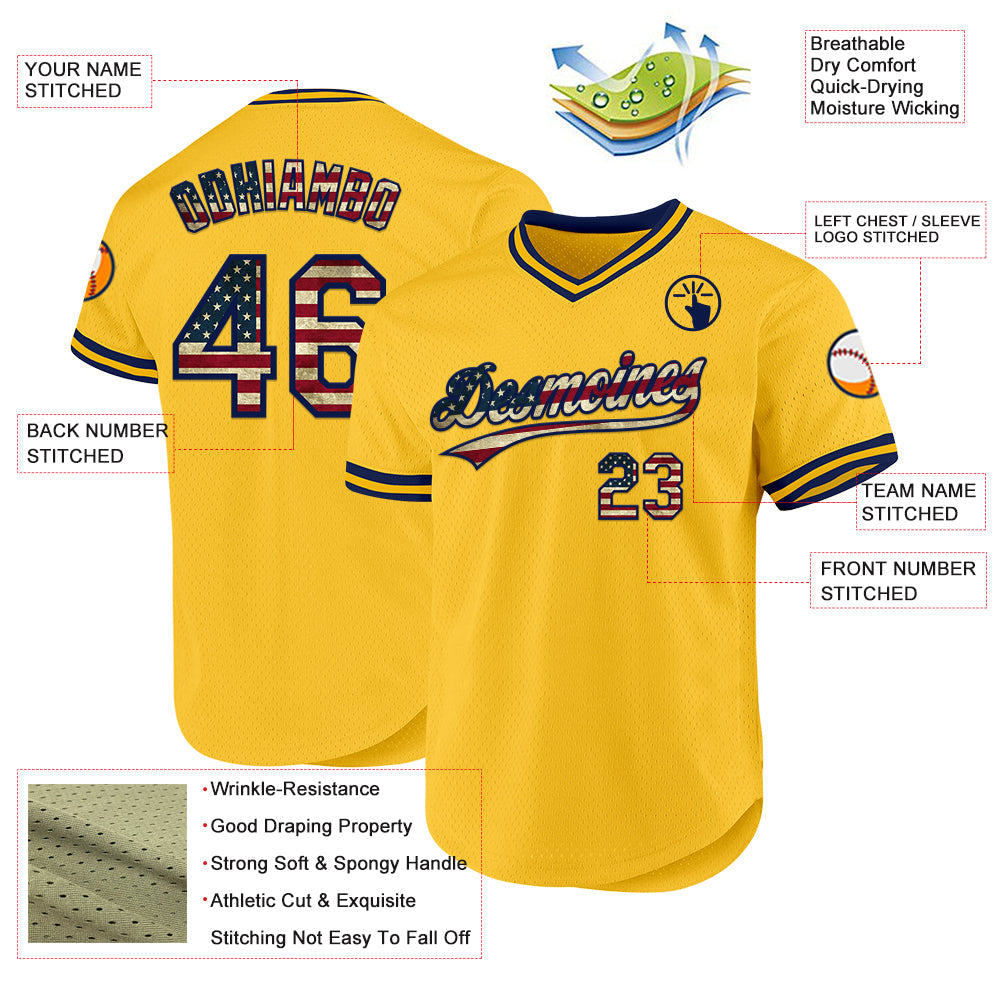 Custom Gold Vintage USA Flag-Navy Authentic Throwback Baseball Jersey view 3