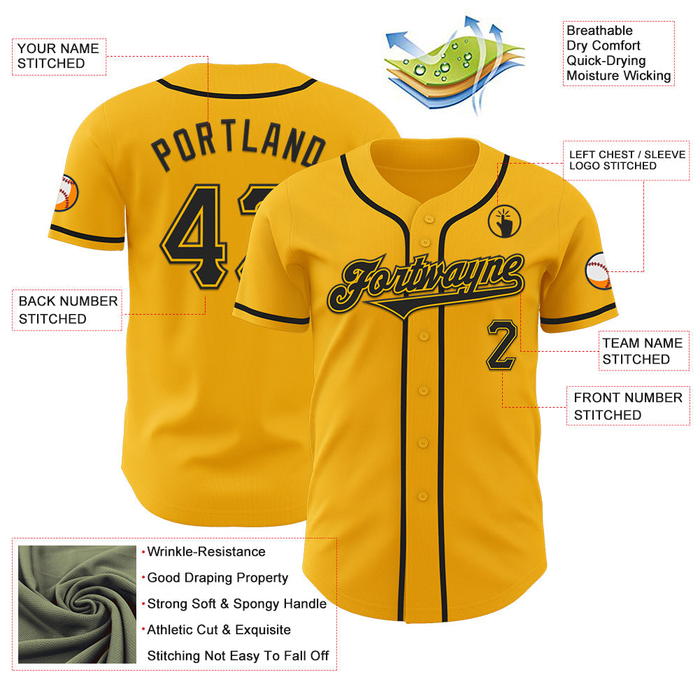 Custom Gold Black Authentic Baseball Jersey view 3