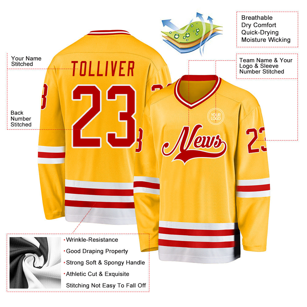 Custom Gold Red-White Hockey Jersey view 3