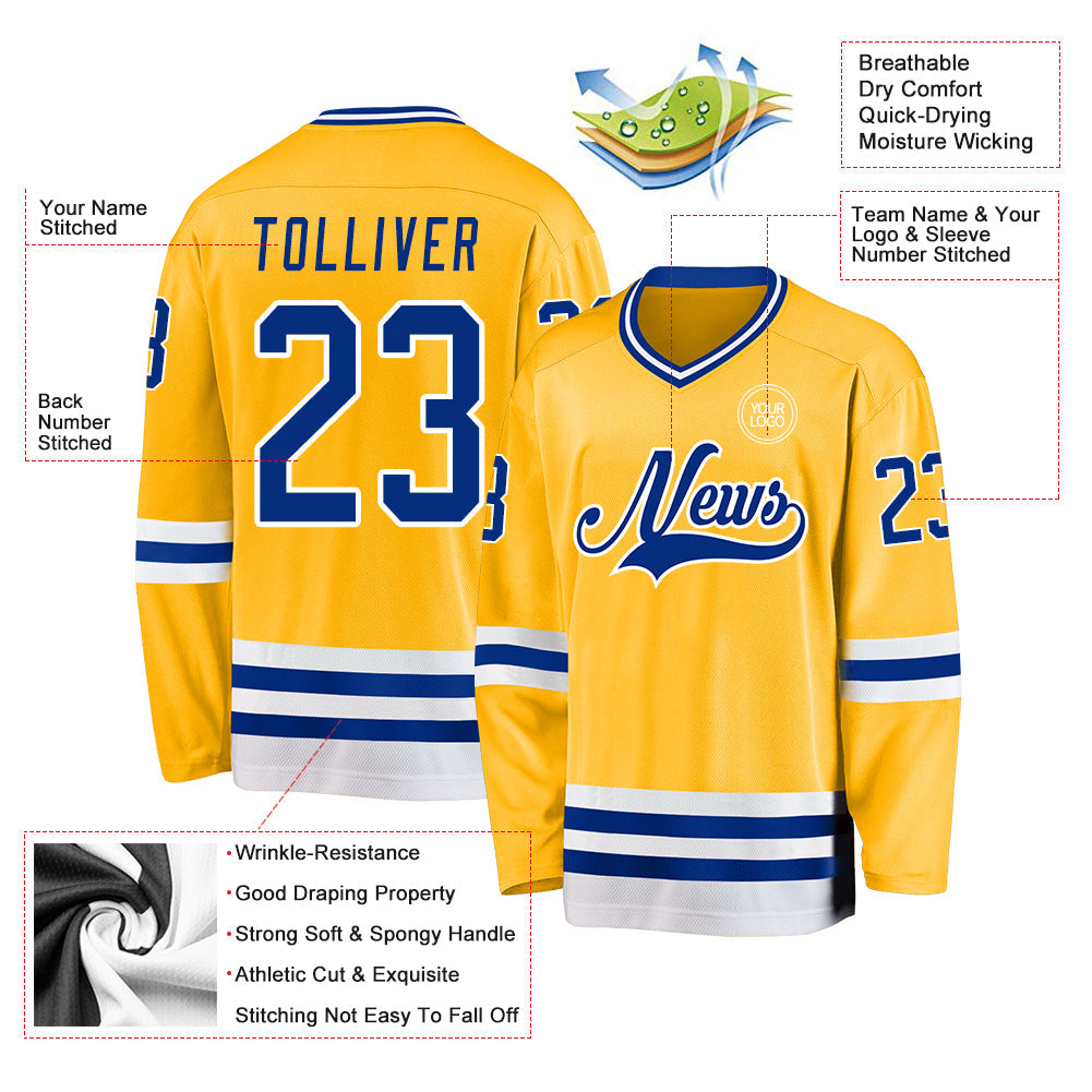 Custom Gold Royal-White Hockey Jersey view 3
