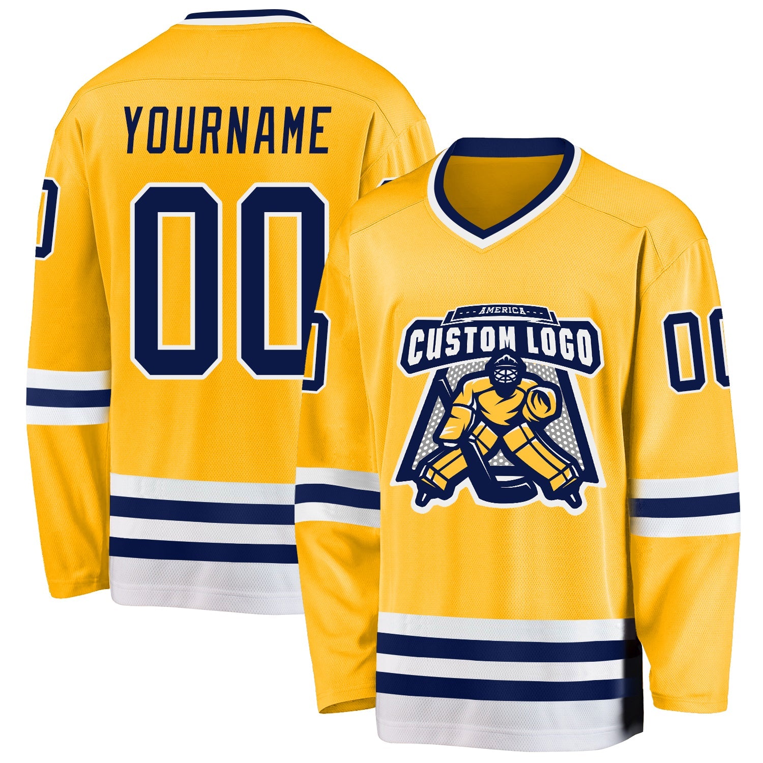 Custom Gold Navy-White Hockey Jersey view 2