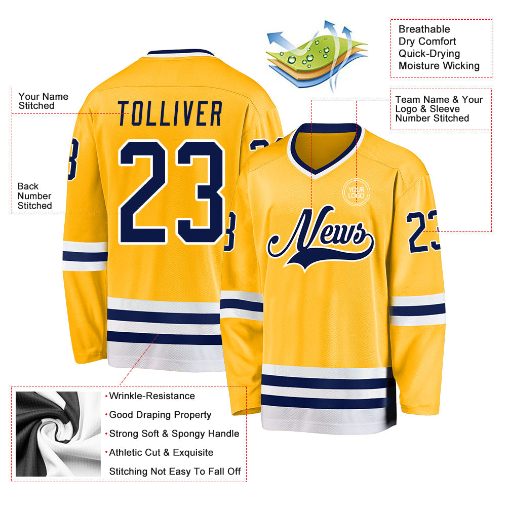 Custom Gold Navy-White Hockey Jersey view 3
