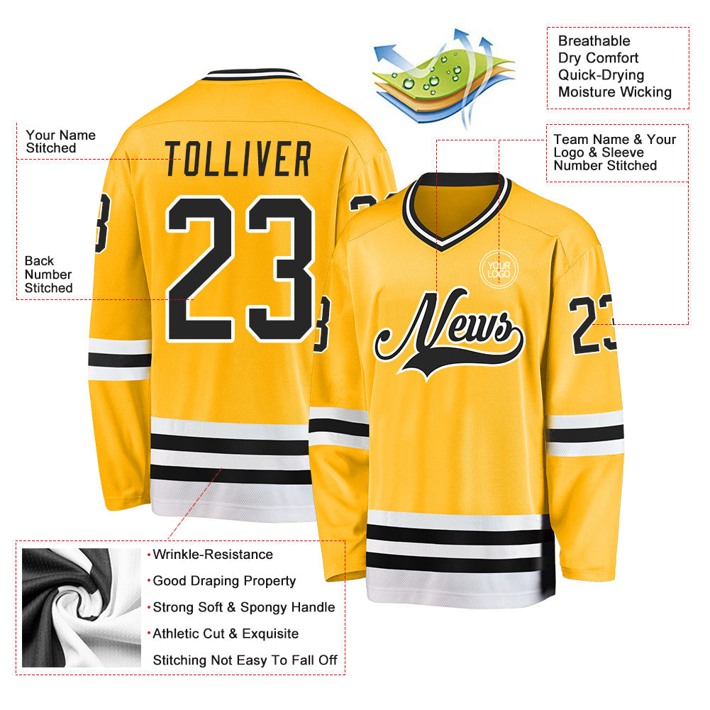 Custom Gold Black-White Hockey Jersey view 4