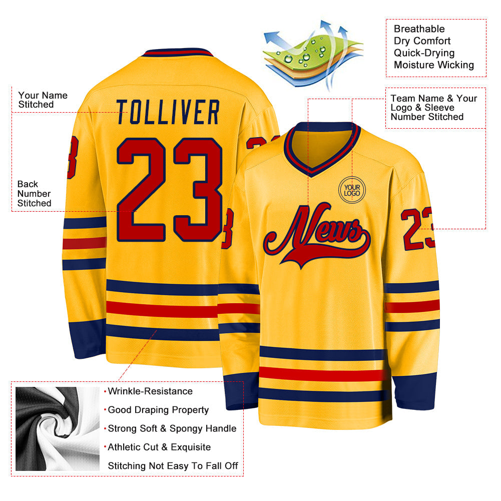Custom Gold Red-Navy Hockey Jersey view 3