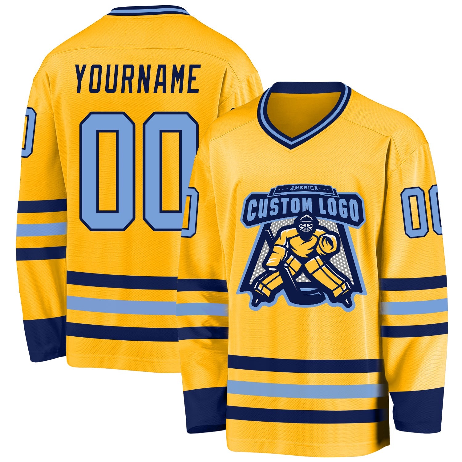 Custom Gold Light Blue-Navy Hockey Jersey view 2