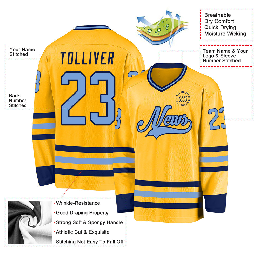 Custom Gold Light Blue-Navy Hockey Jersey view 3