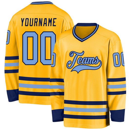 Custom Gold Light Blue-Navy Hockey Jersey - Main View