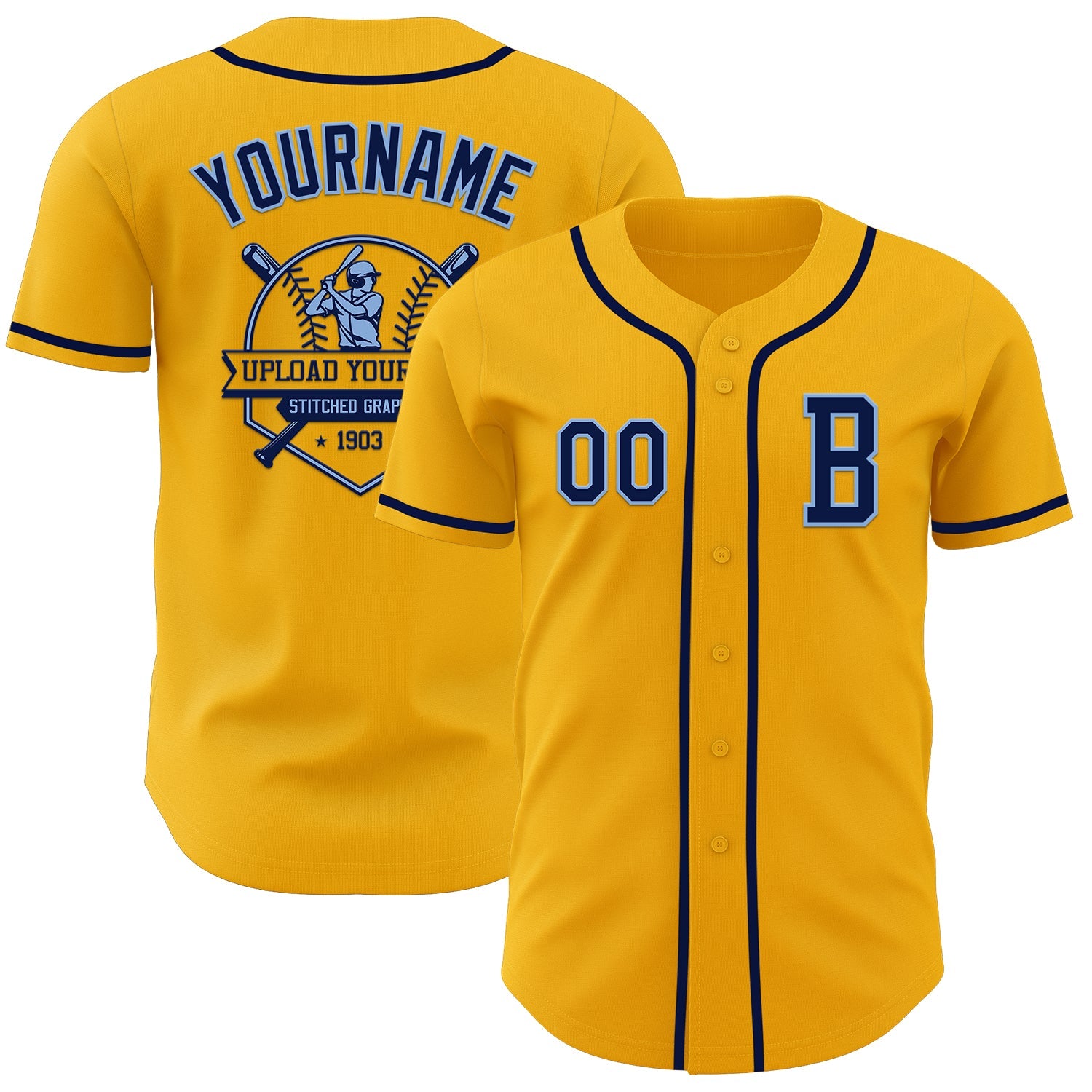Custom Gold Navy-Light Blue Authentic Baseball Jersey view 5