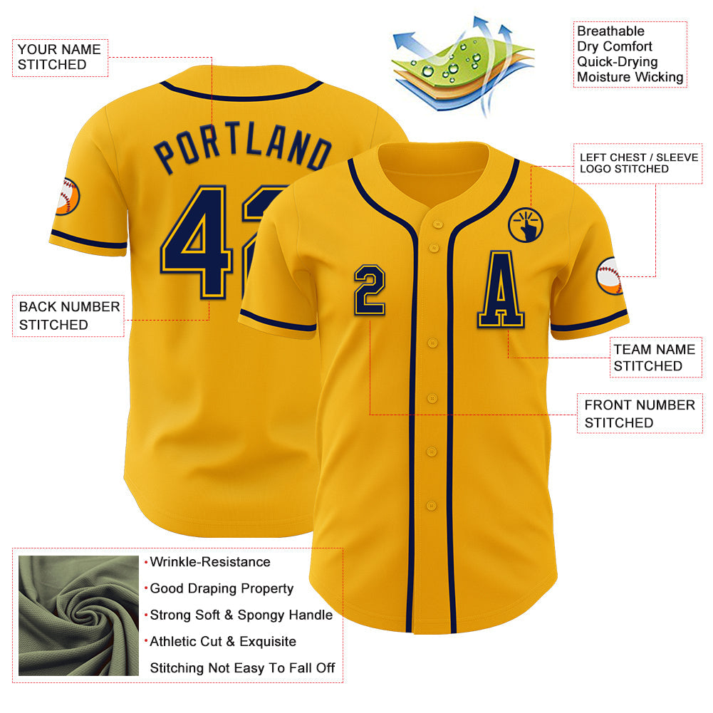 Custom Gold Navy Authentic Baseball Jersey view 2