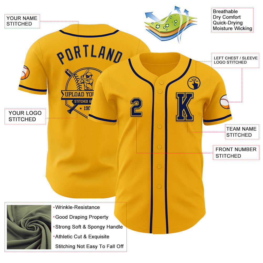 Custom Gold Navy Authentic Baseball Jersey view 6