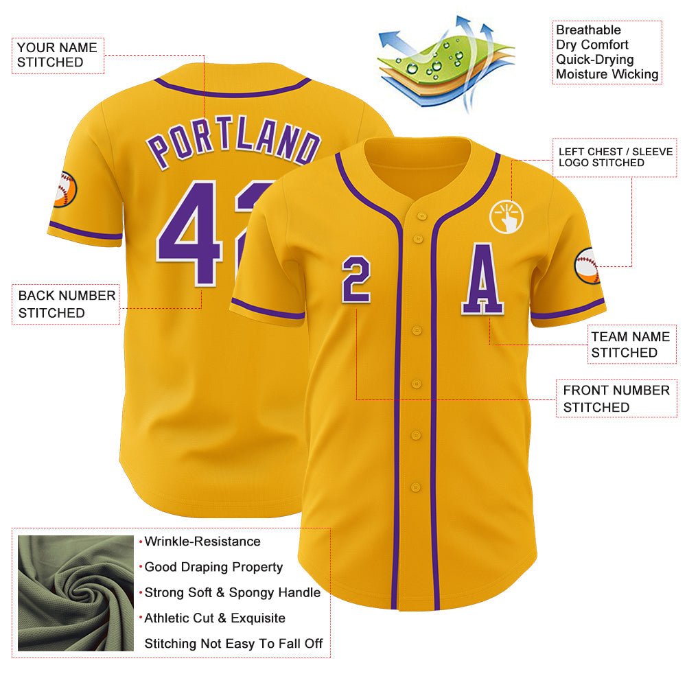 Custom Gold Purple-White Authentic Baseball Jersey view 2