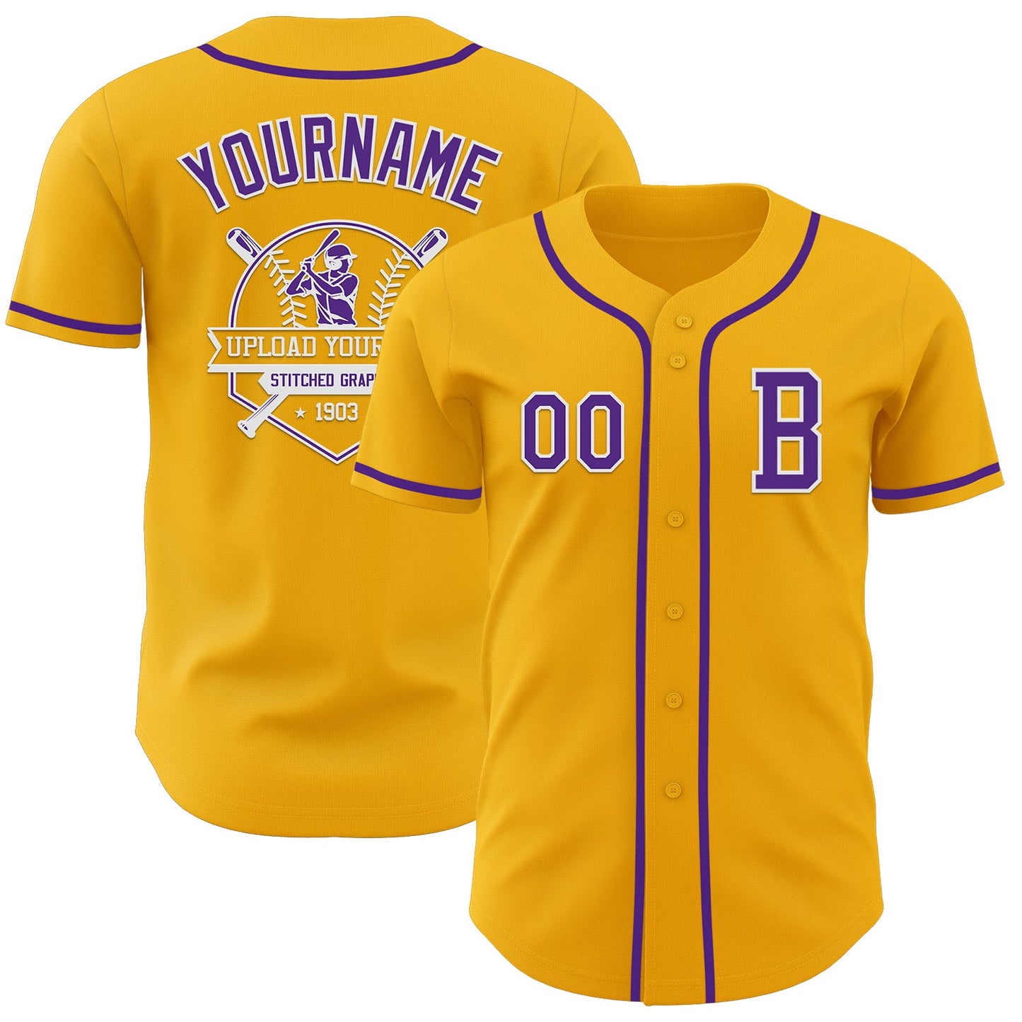 Custom Gold Purple-White Authentic Baseball Jersey view 5