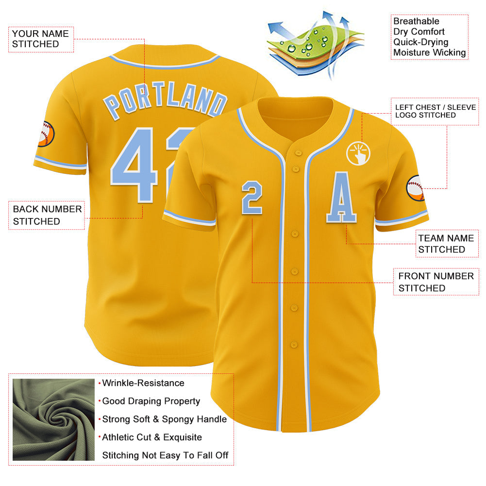 Custom Gold Light Blue-White Authentic Baseball Jersey view 2