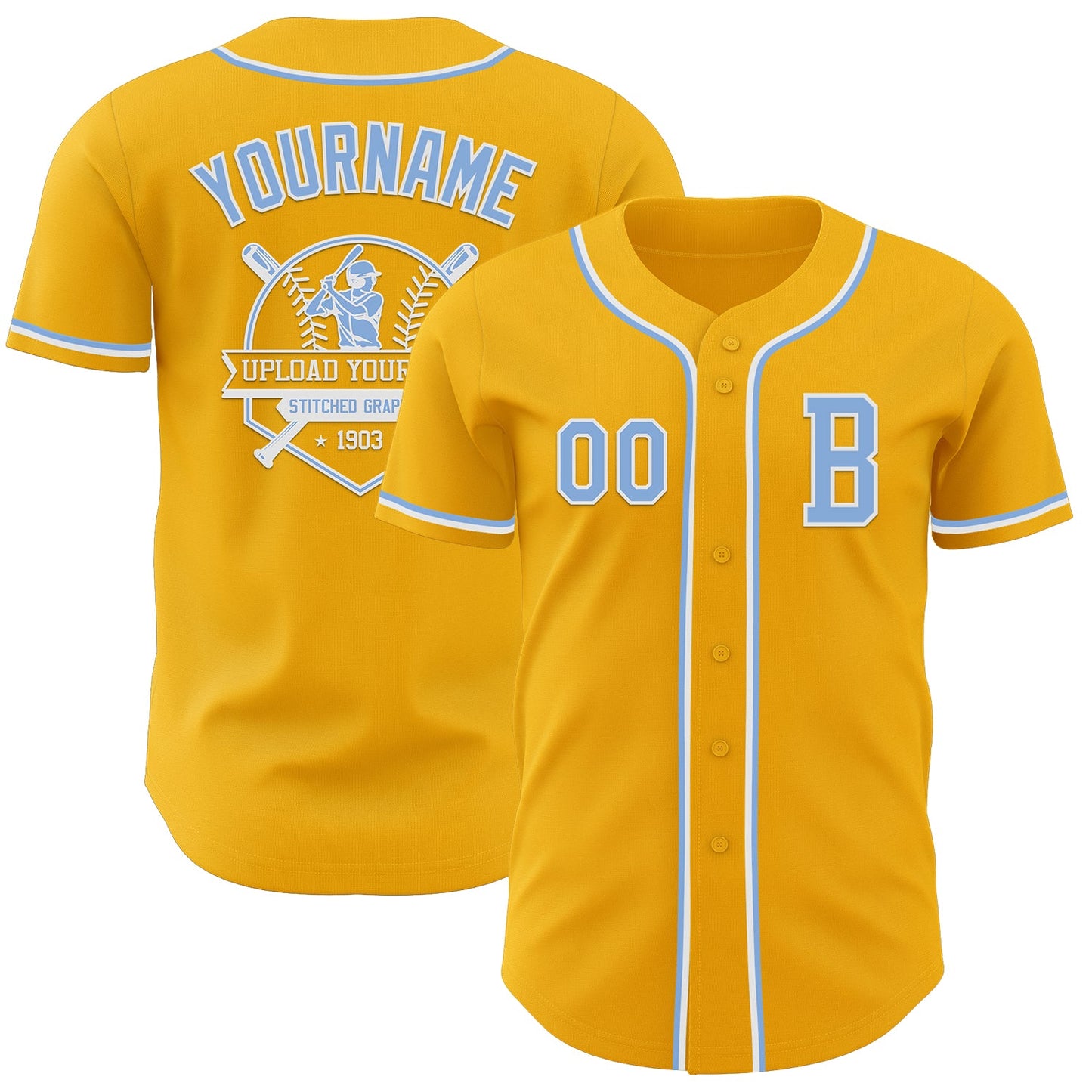 Custom Gold Light Blue-White Authentic Baseball Jersey view 5