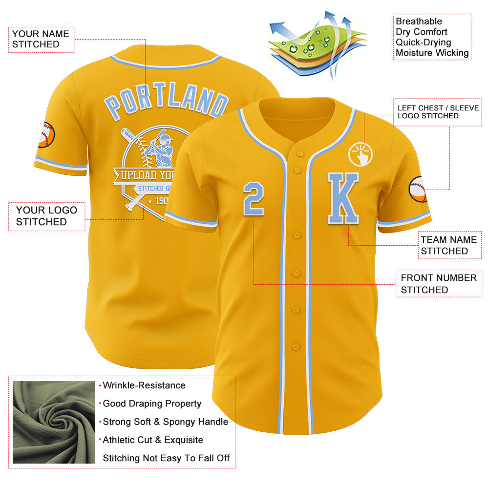 Custom Gold Light Blue-White Authentic Baseball Jersey view 6