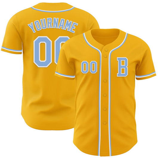 Custom Gold Light Blue-White Authentic Baseball Jersey - Main View