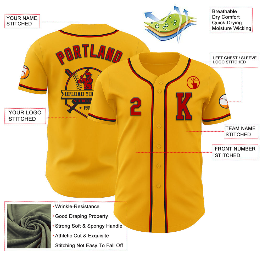 Custom Gold Red-Black Authentic Baseball Jersey view 6