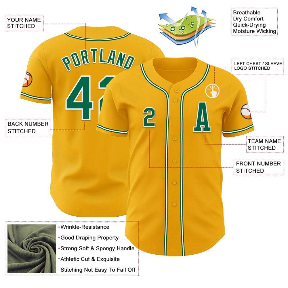 Custom Gold Kelly Green-White Authentic Baseball Jersey view 2
