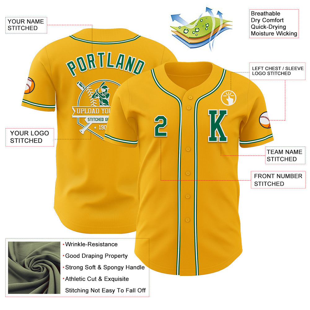 Custom Gold Kelly Green-White Authentic Baseball Jersey view 6