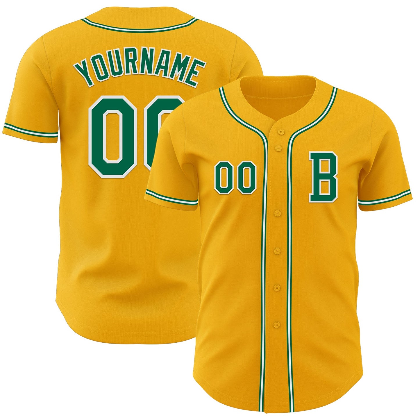 Custom Gold Kelly Green-White Authentic Baseball Jersey - Main View