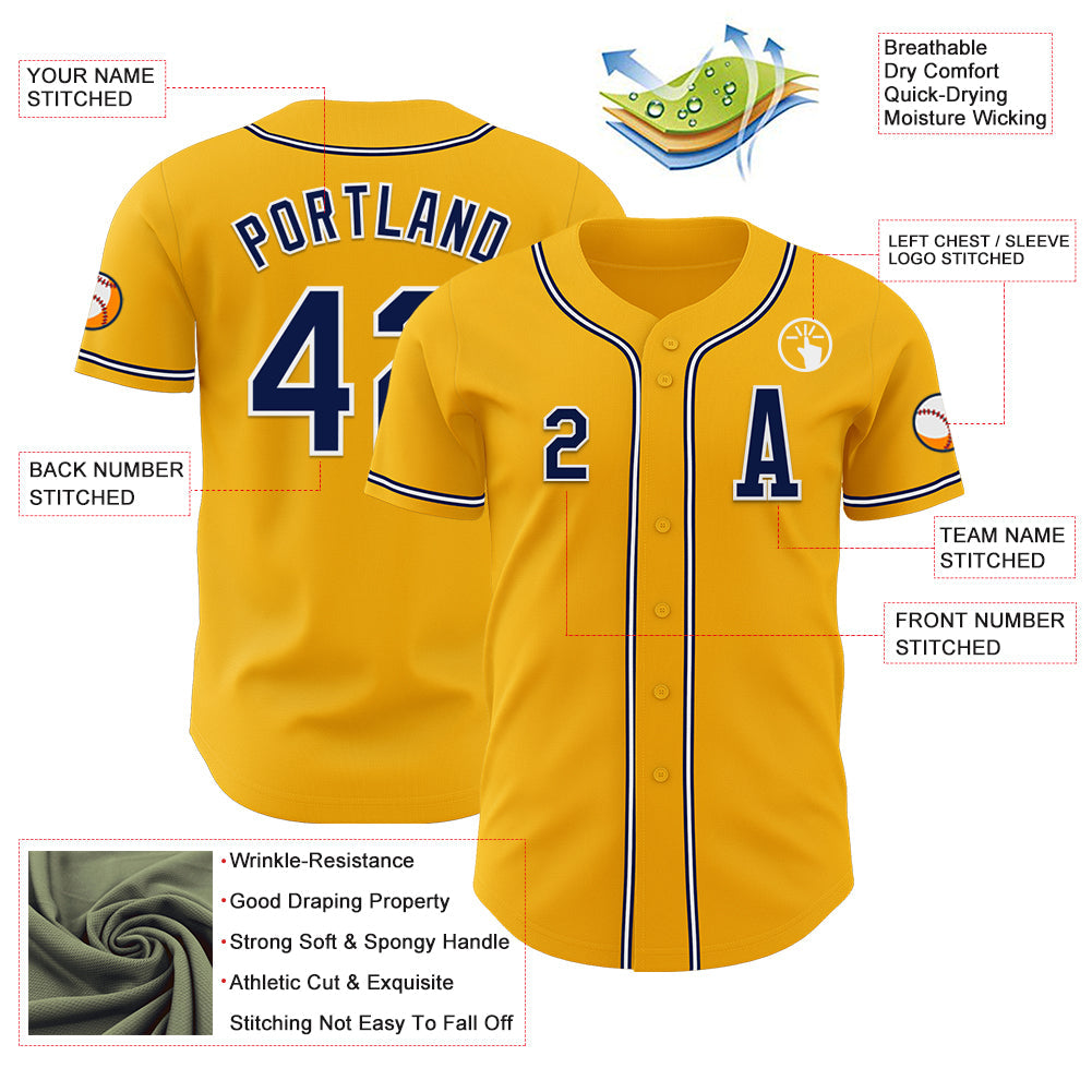 Custom Gold Navy-White Authentic Baseball Jersey view 2