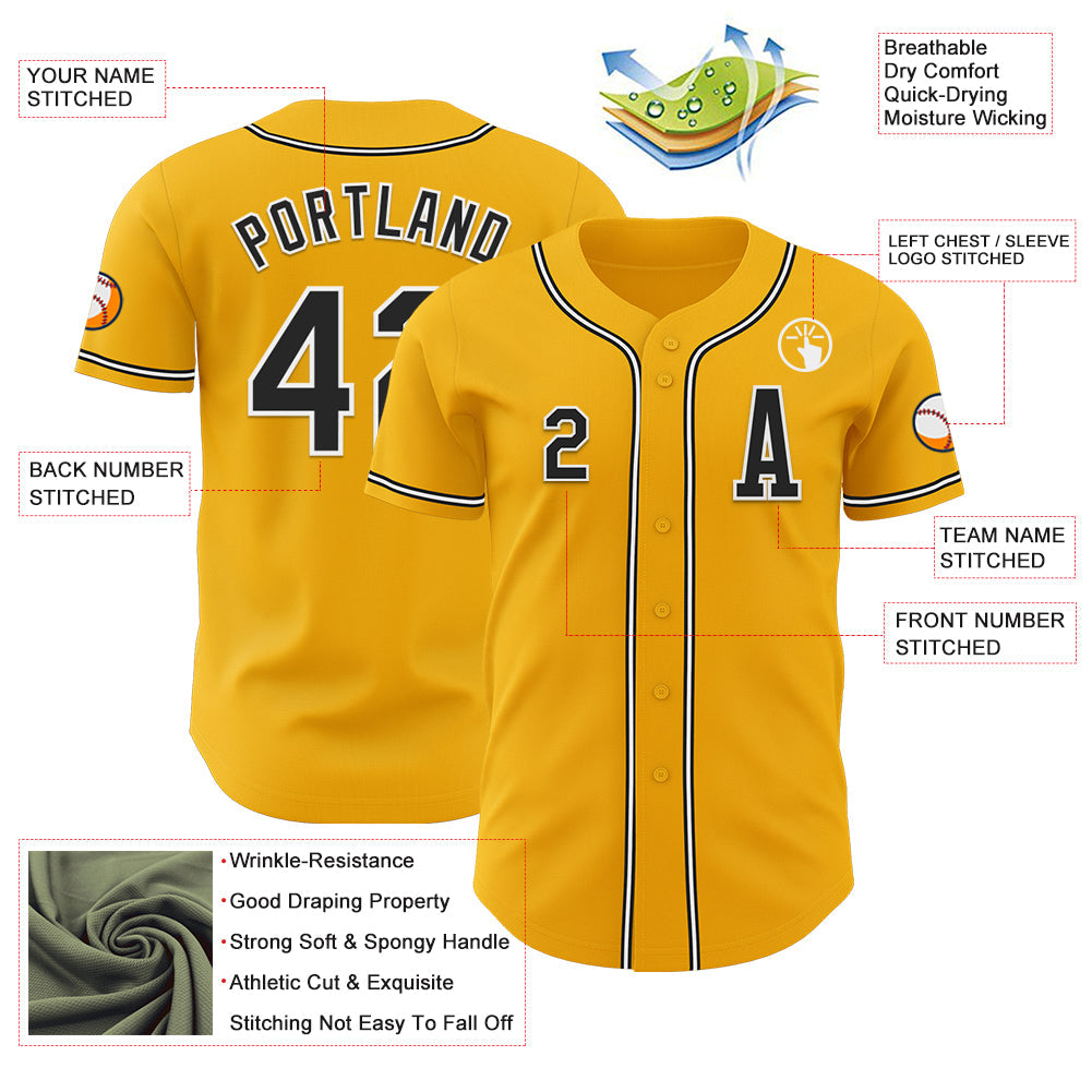 Custom Gold Black-White Authentic Baseball Jersey view 2
