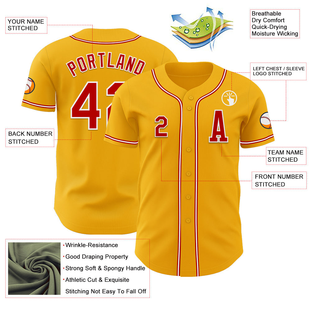 Custom Gold Red-White Authentic Baseball Jersey view 2