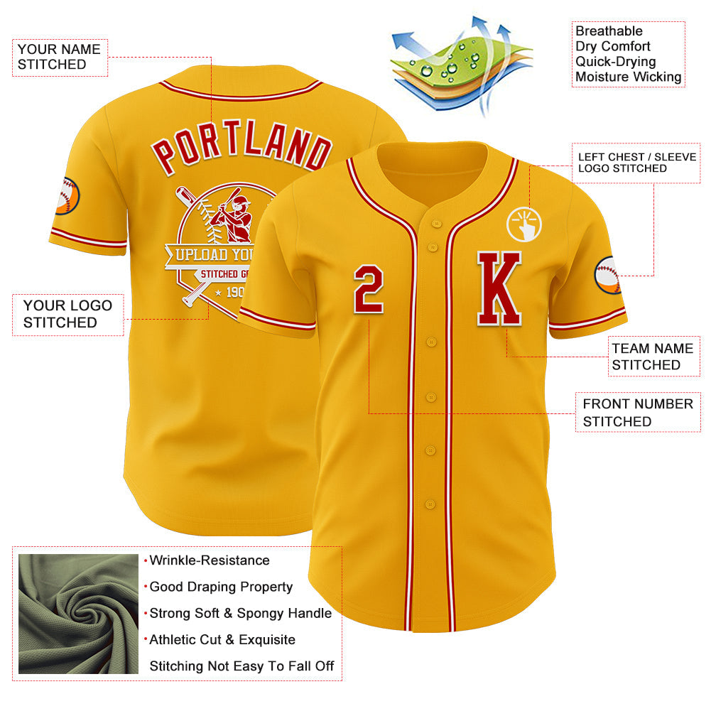 Custom Gold Red-White Authentic Baseball Jersey view 6