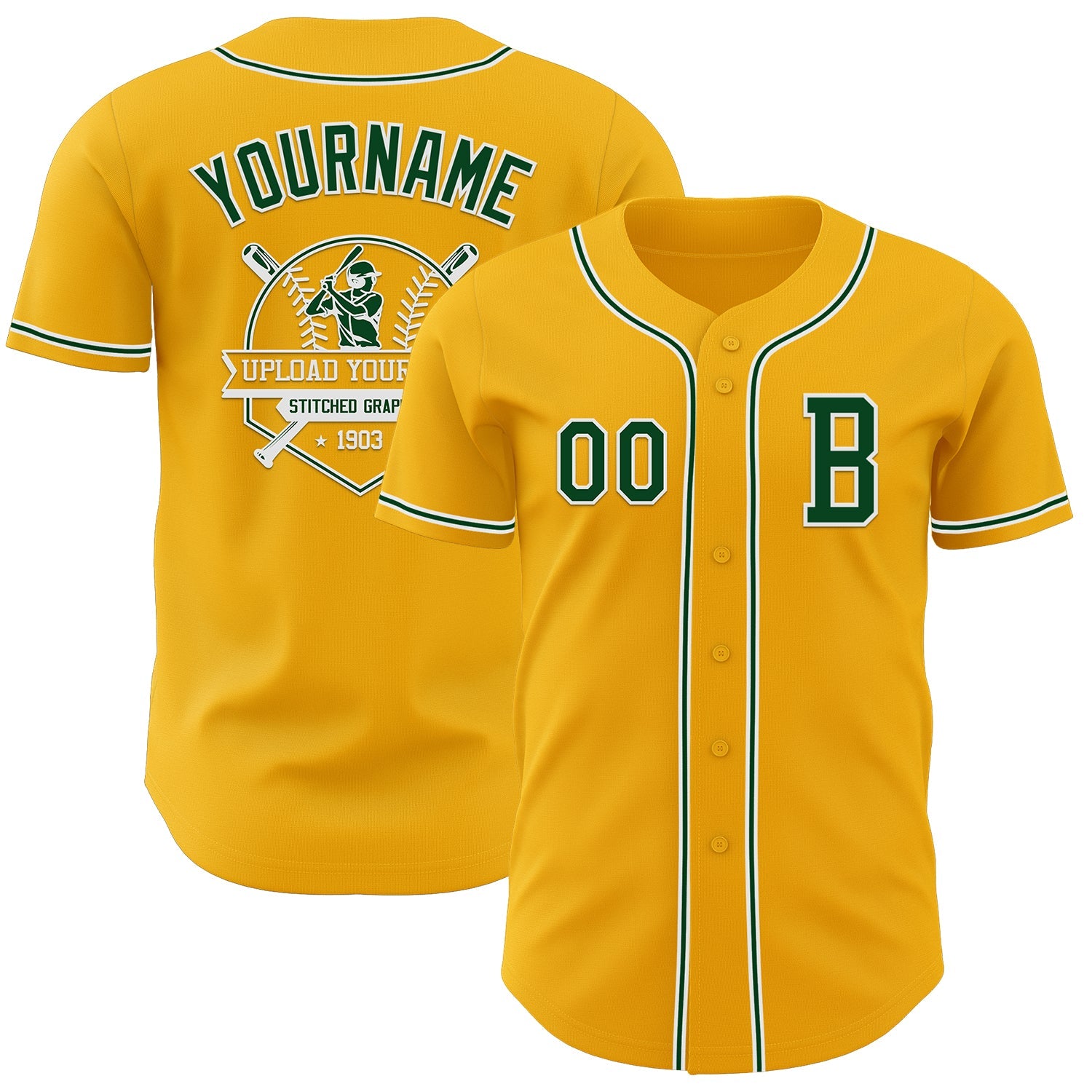 Custom Gold Green-White Authentic Baseball Jersey view 5