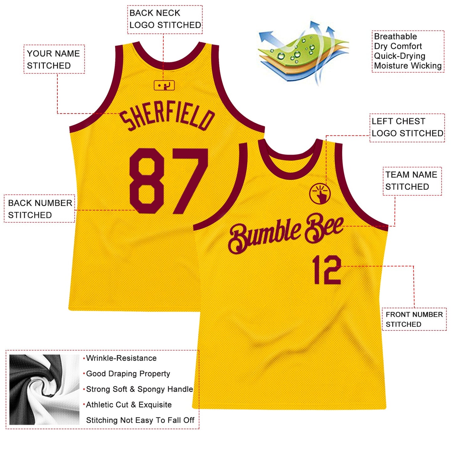 Custom Gold Maroon Authentic Throwback Basketball Jersey view 2