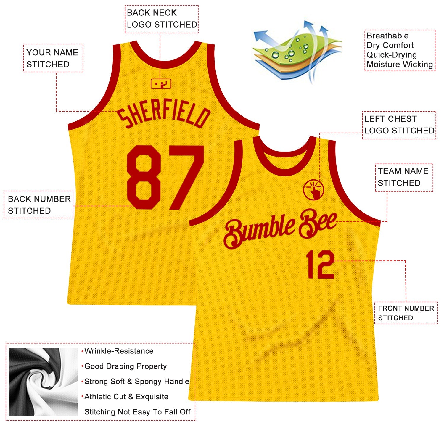 Custom Gold Red Authentic Throwback Basketball Jersey view 2