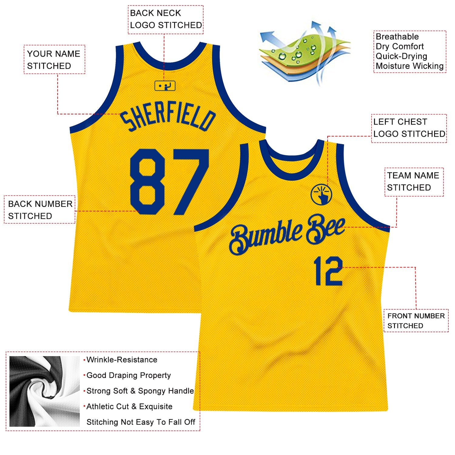 Custom Gold Royal Authentic Throwback Basketball Jersey view 2