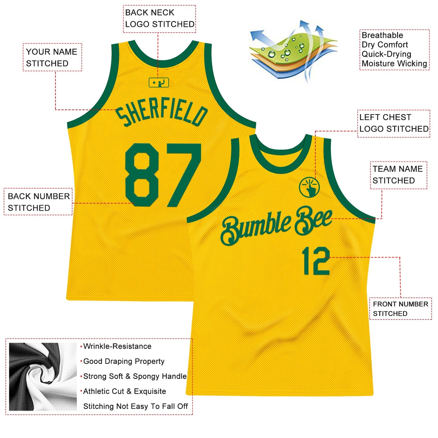 Custom Gold Kelly Green Authentic Throwback Basketball Jersey view 2