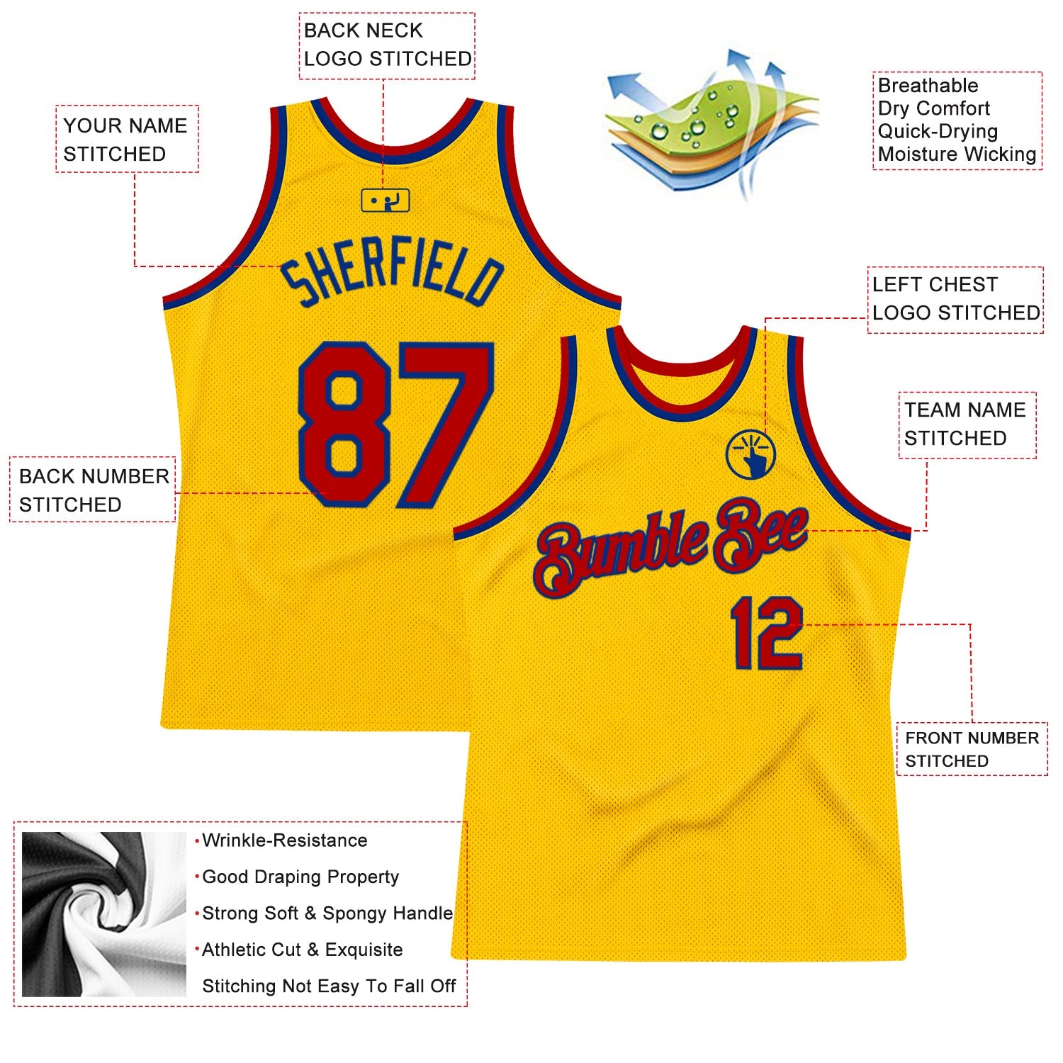 Custom Gold Red-Royal Authentic Throwback Basketball Jersey view 2