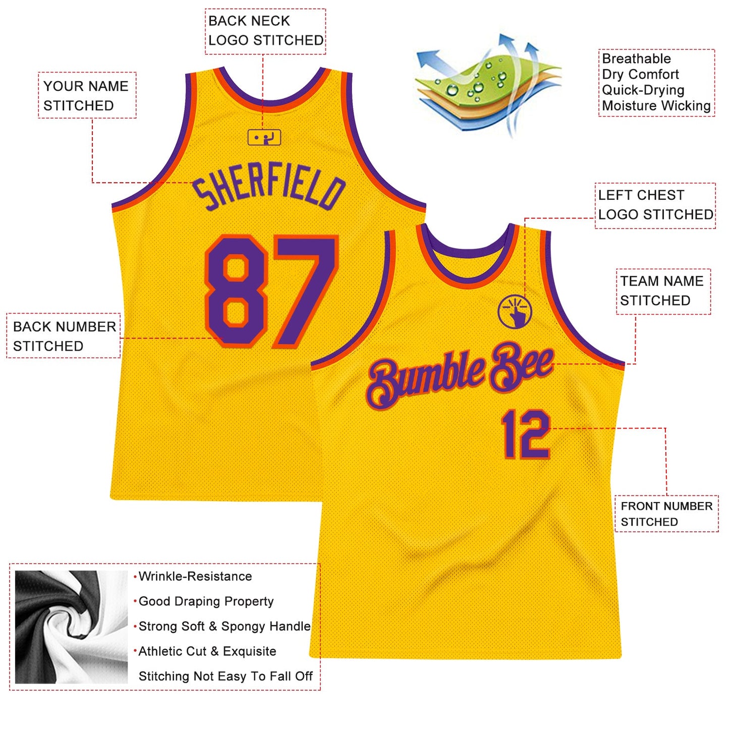 Custom Gold Purple-Orange Authentic Throwback Basketball Jersey view 2