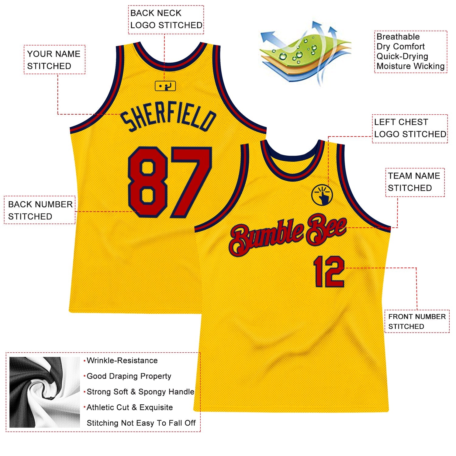 Custom Gold Red-Navy Authentic Throwback Basketball Jersey view 2