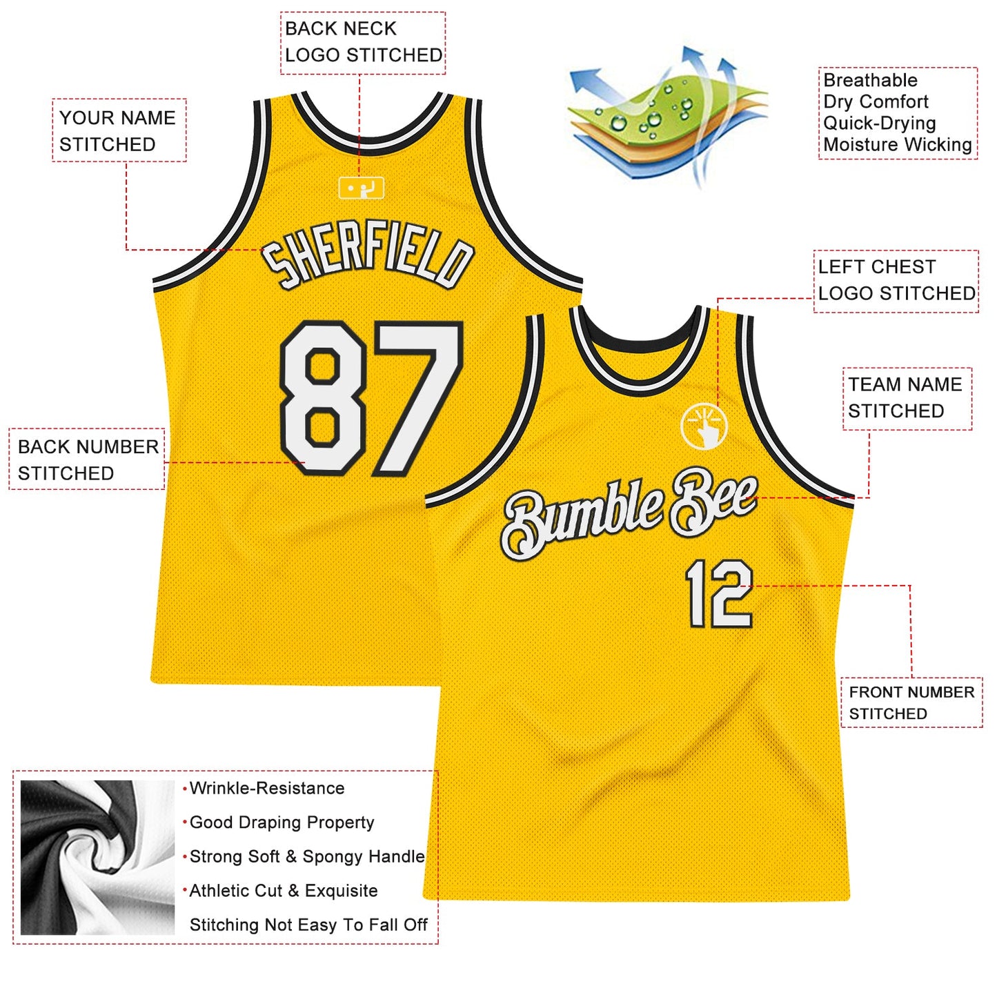 Custom Gold White-Black Authentic Throwback Basketball Jersey view 2