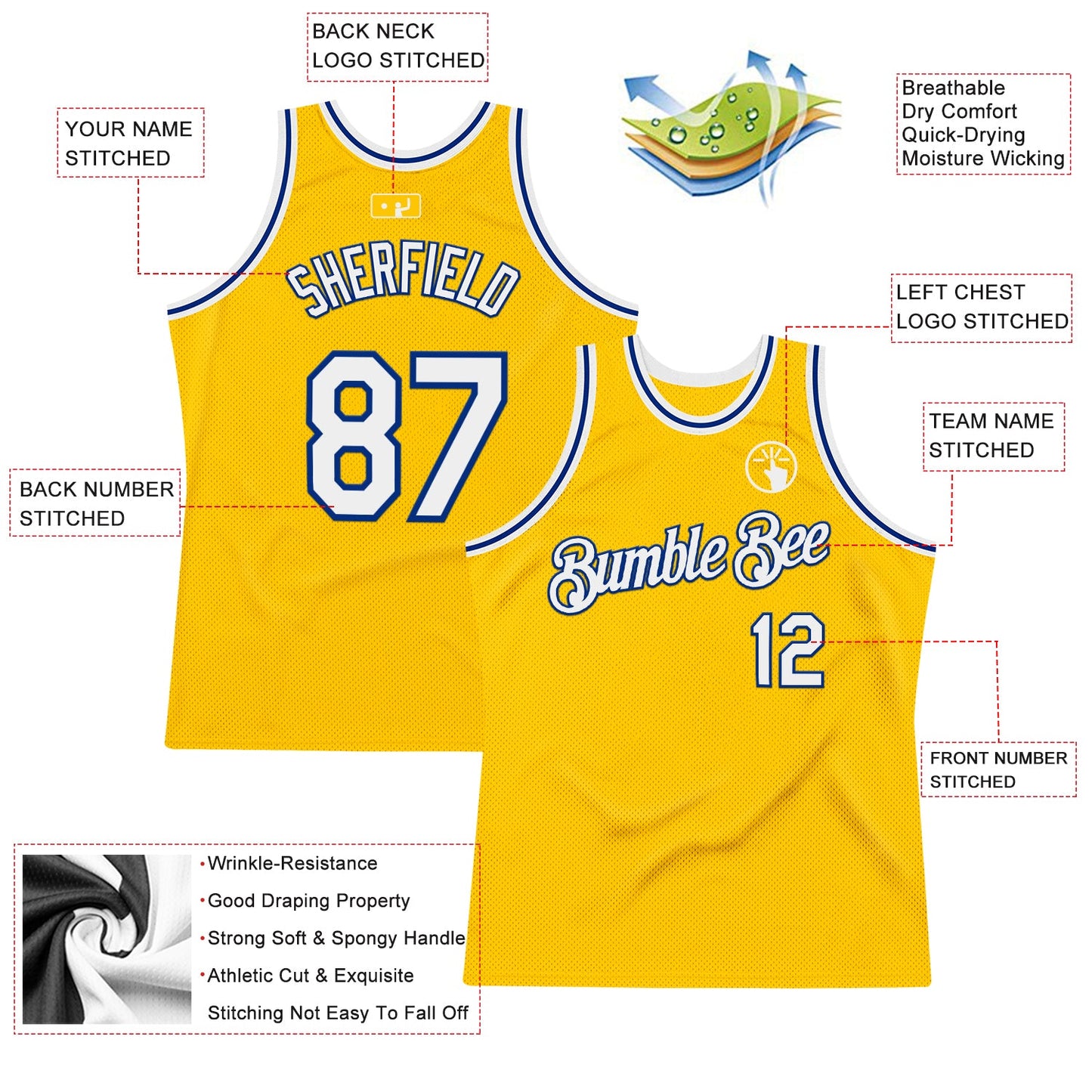 Custom Gold White-Royal Authentic Throwback Basketball Jersey view 2