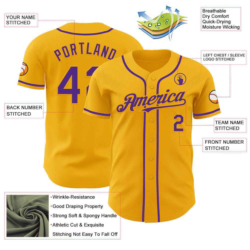 Custom Gold Purple Authentic Baseball Jersey view 3