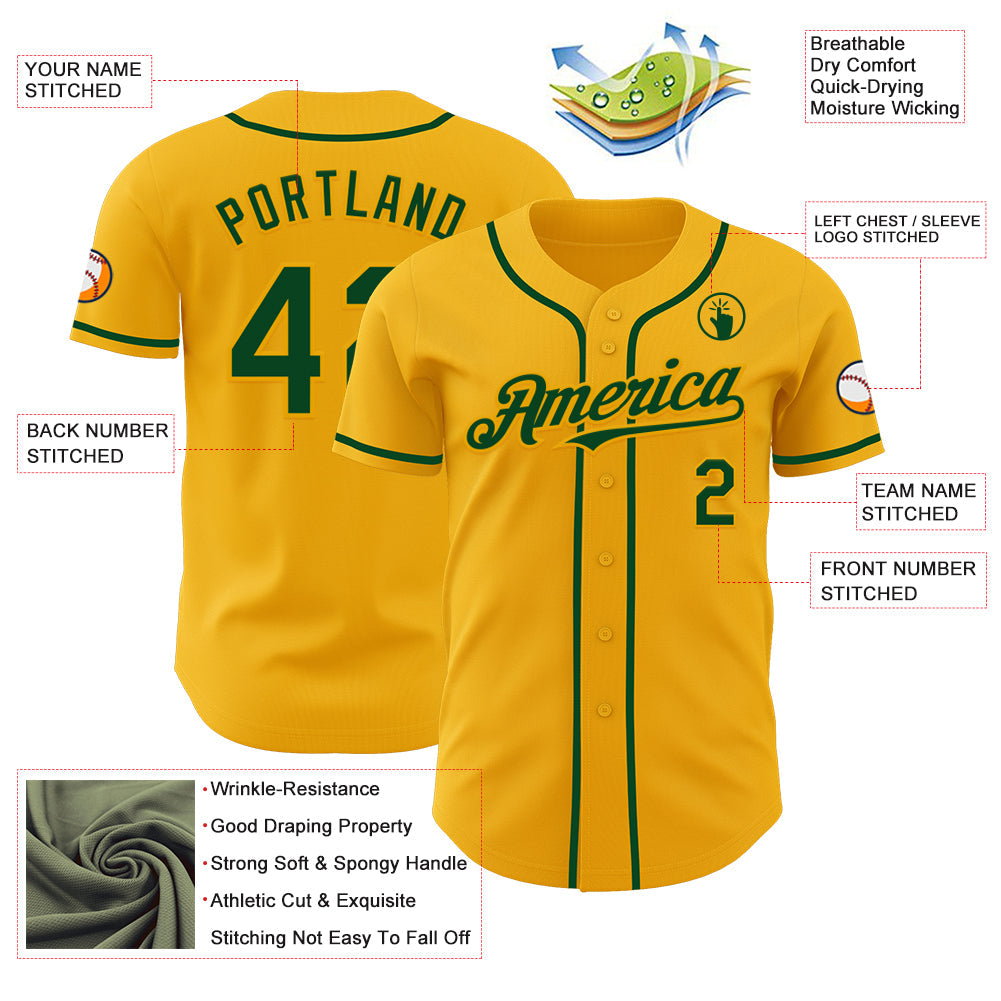 Custom Gold Green Authentic Baseball Jersey view 3