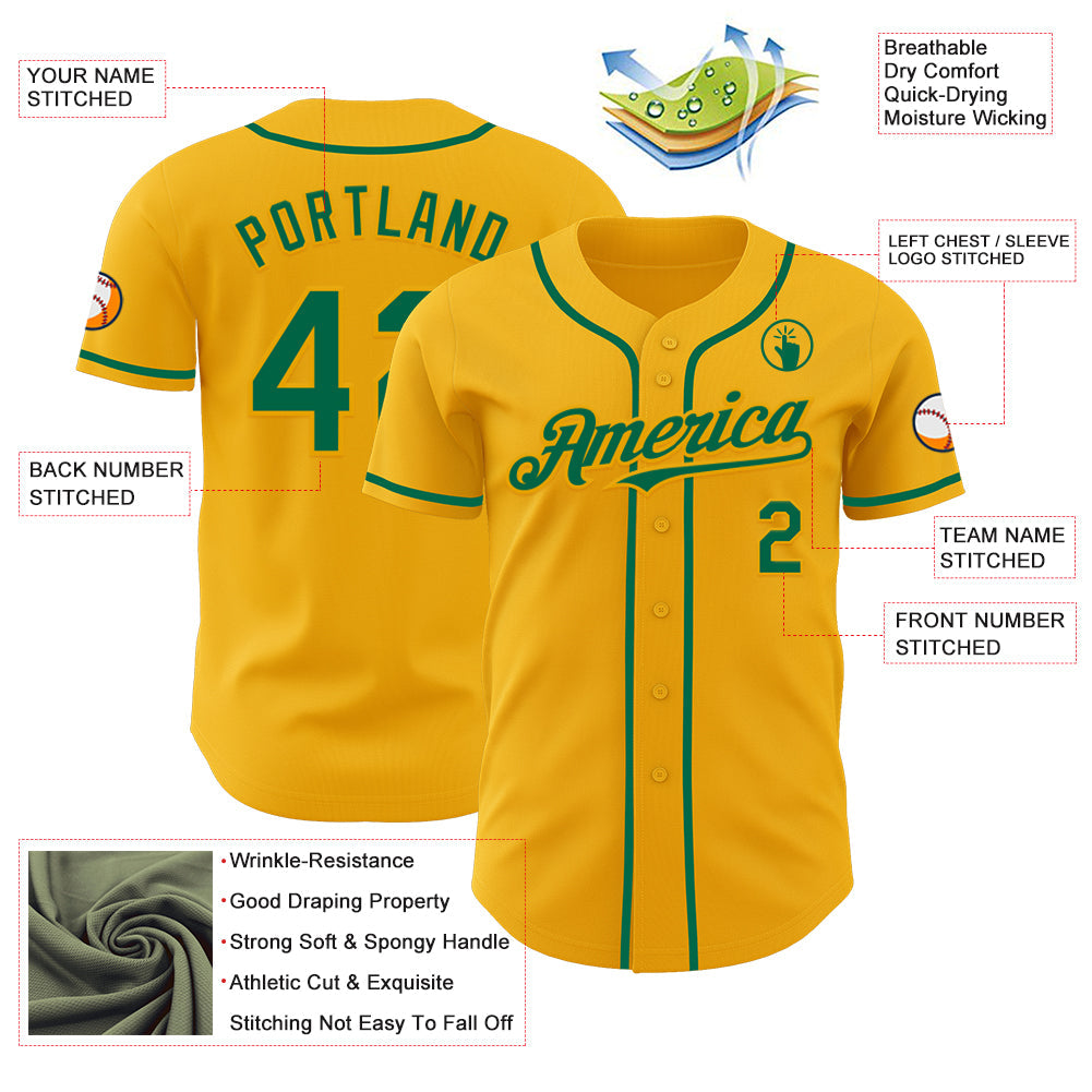 Custom Gold Kelly Green Authentic Baseball Jersey view 3