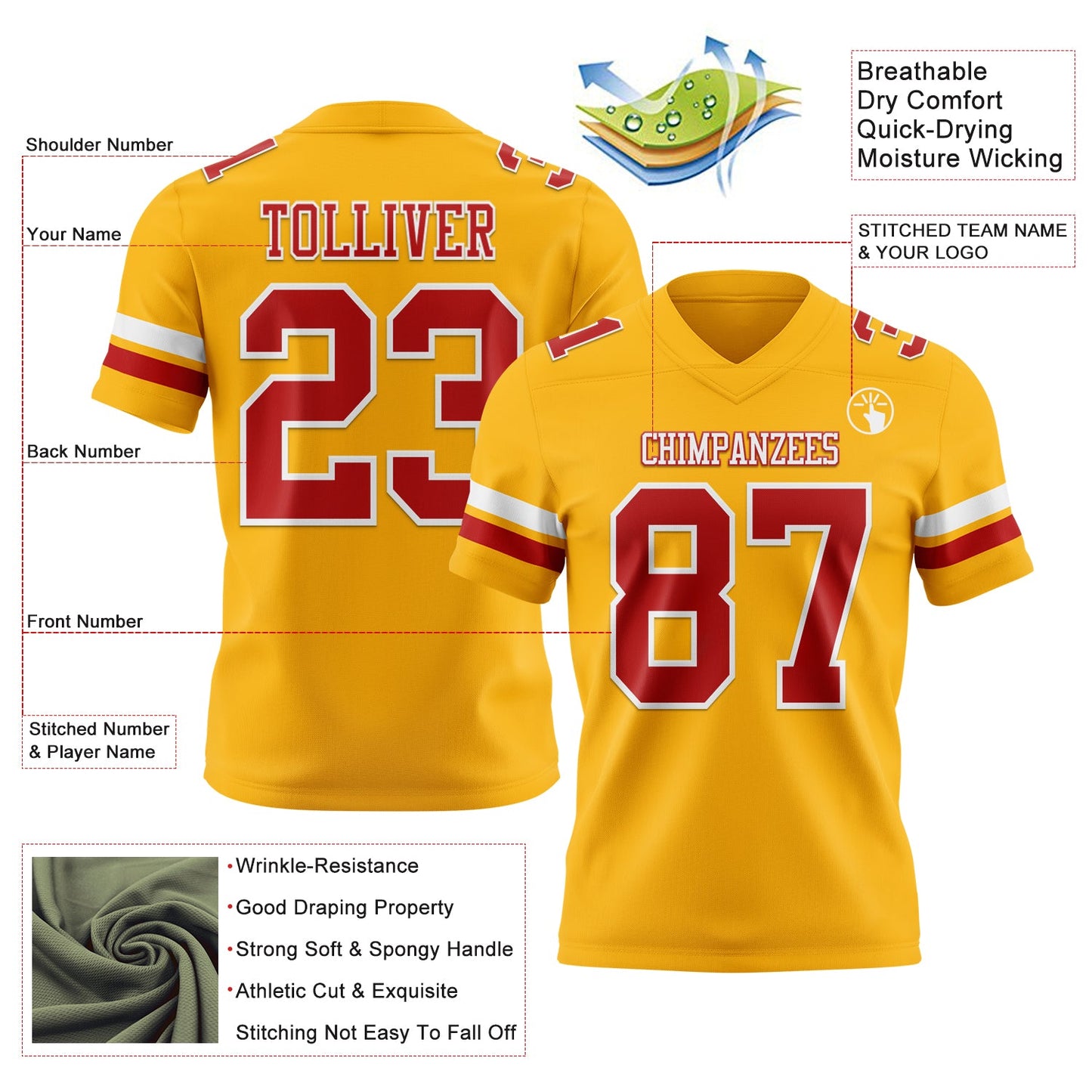 Custom Gold Red-White Authentic Football Jersey view 3