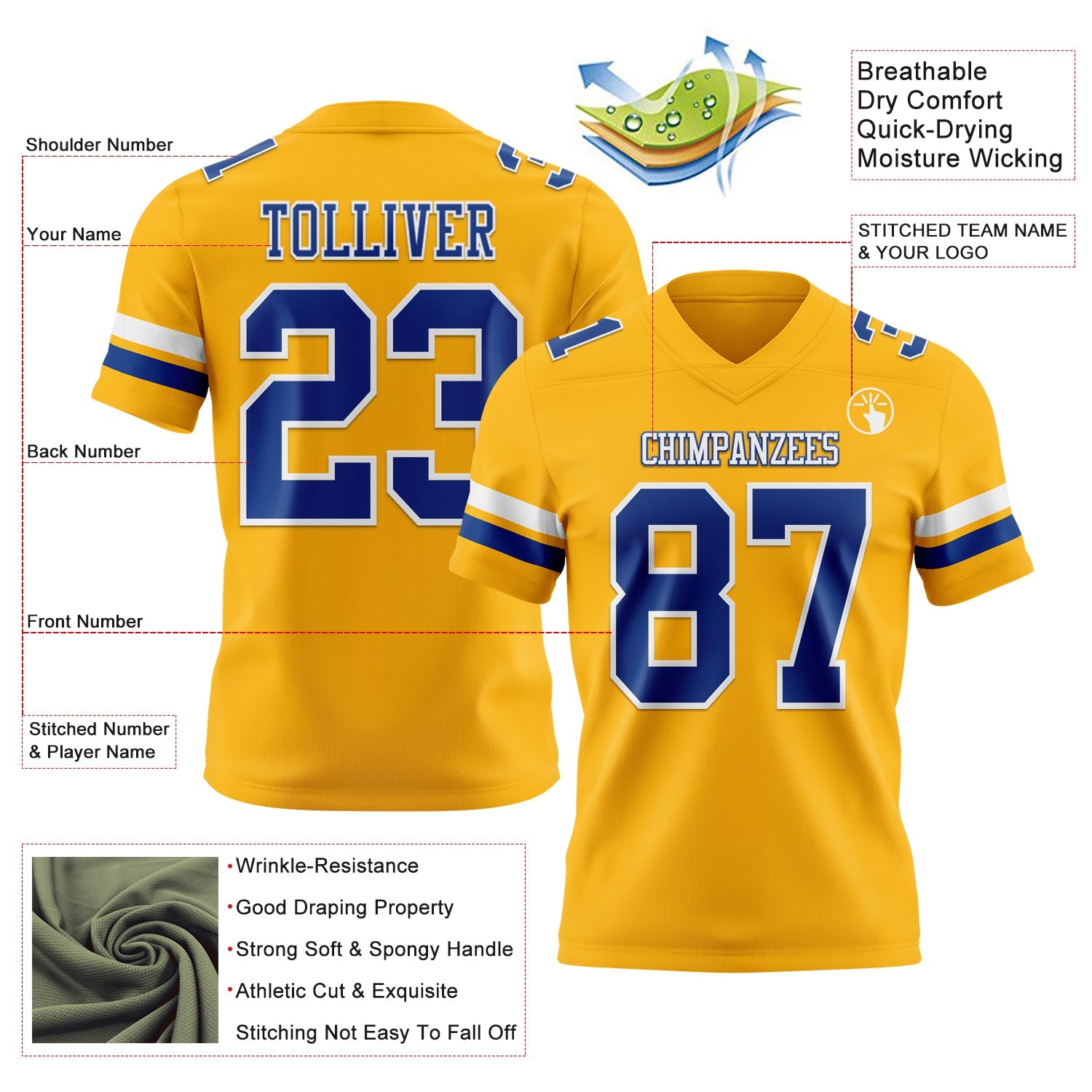 Custom Gold Royal-White Authentic Football Jersey view 3