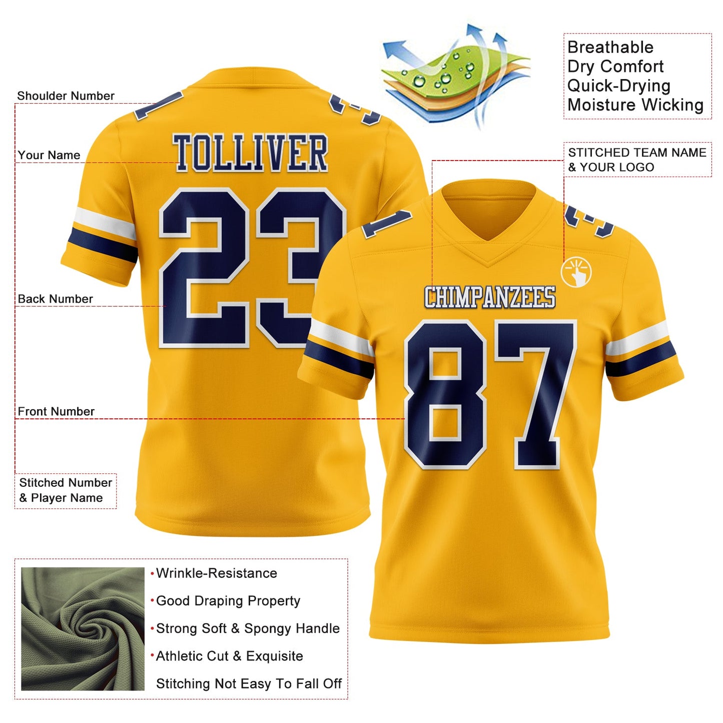 Custom Gold Nvay-White Authentic Football Jersey view 3