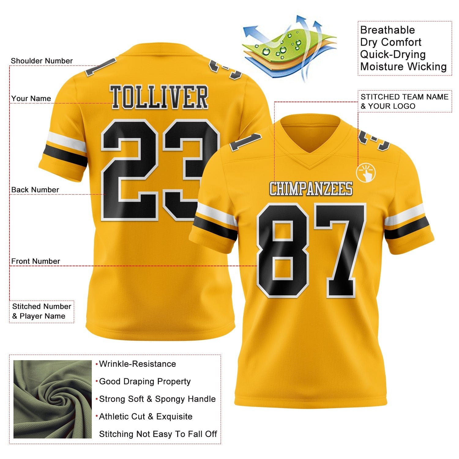 Custom Gold Black-White Authentic Football Jersey view 3