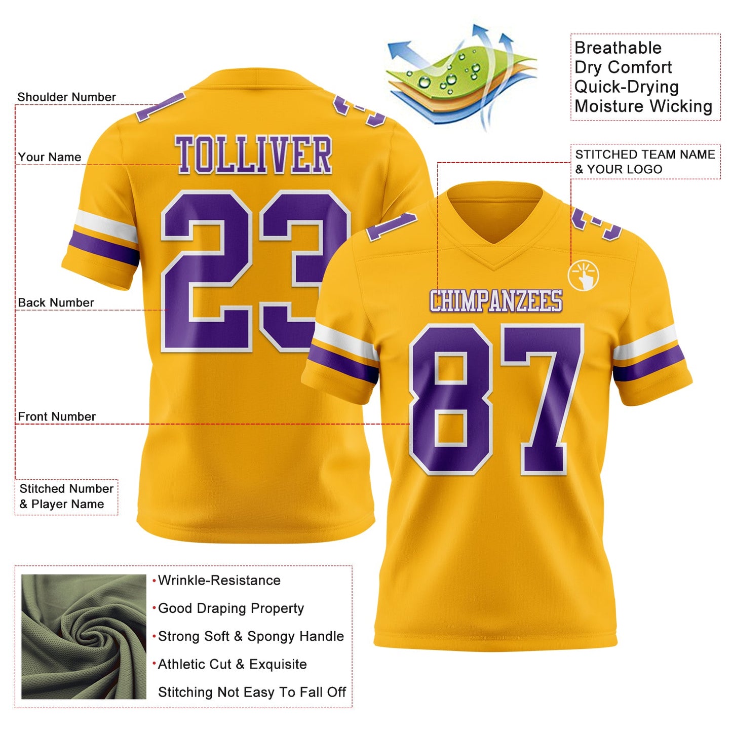 Custom Gold Purple-White Authentic Football Jersey view 3