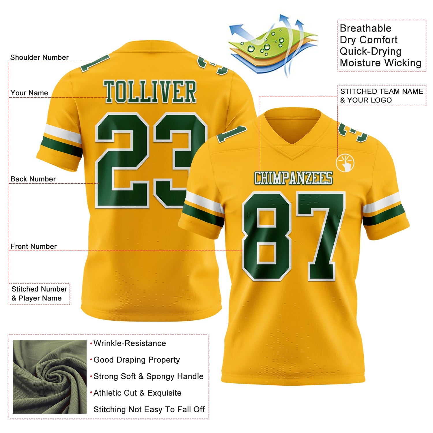 Custom Gold Green-White Authentic Football Jersey view 3