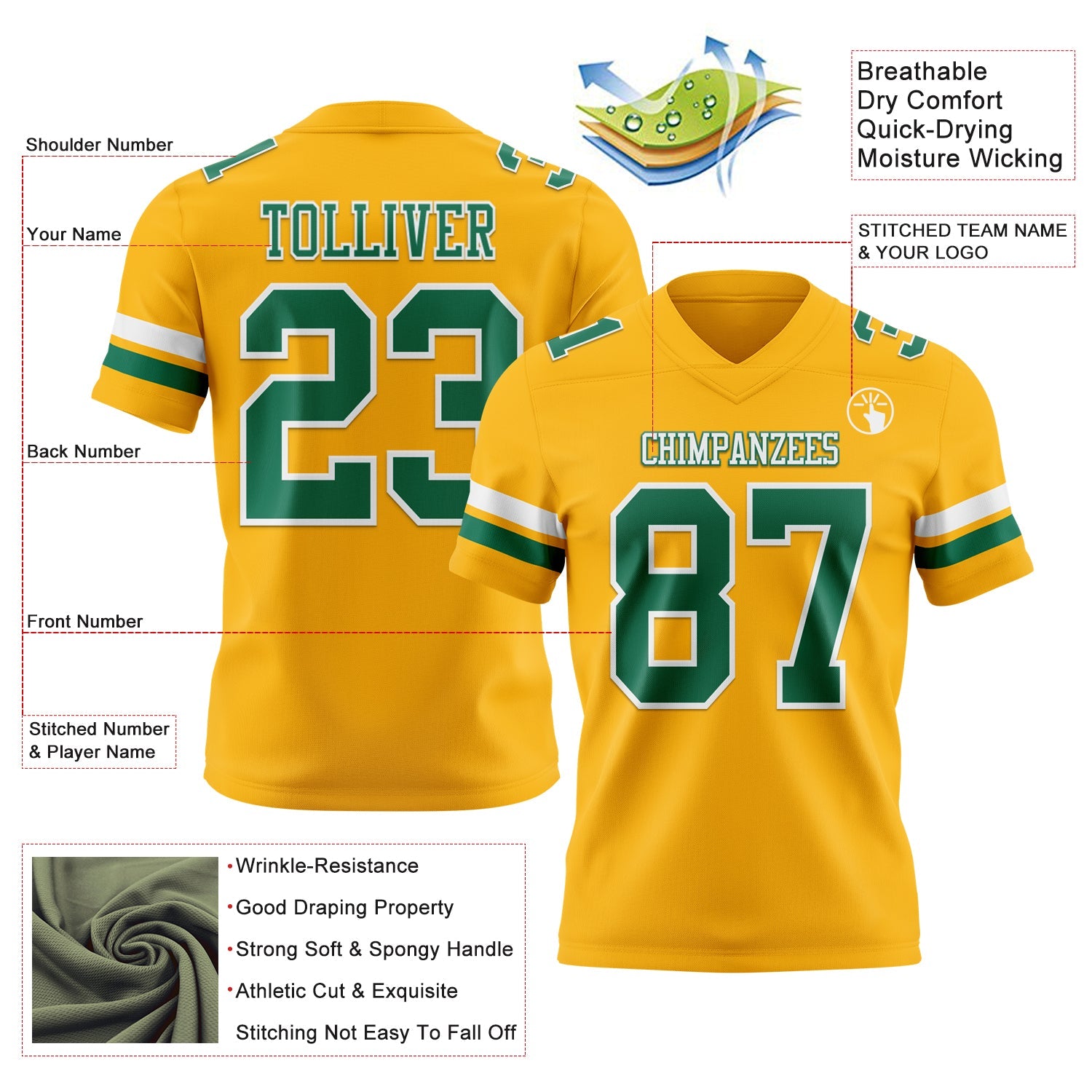 Custom Gold Kelly Green-White Authentic Football Jersey view 3