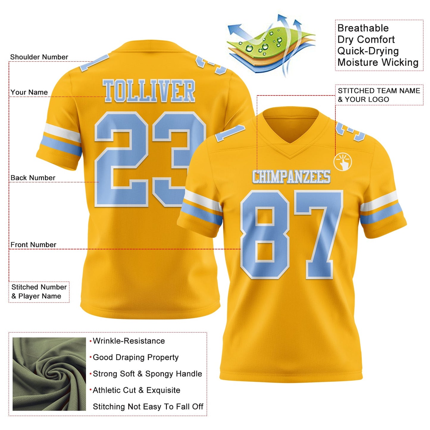 Custom Gold Light Blue-White Authentic Football Jersey view 3
